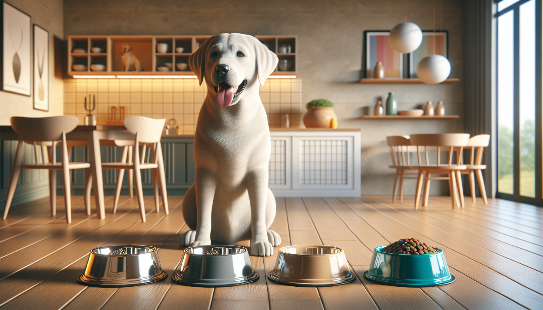 An image of a kitchen with a happy, well-groomed Labrador siting near three distinct dog bowls placed side by side. The bowls include a shiny, reflective stainless steel bowl, a ceramic bowl with a tasteful design, and a vibrant colored plastic bowl, each filled with either water or kibble.