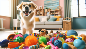 An image of a happy and dog surrounded by colorful dog toys in a living room.