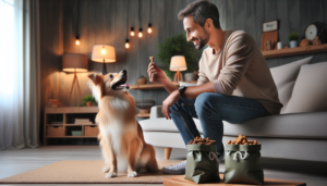 An image of a dog sitting obediently while looking up at its owner. The owner is holding a dog treat in their hand, ready to reward the dog.