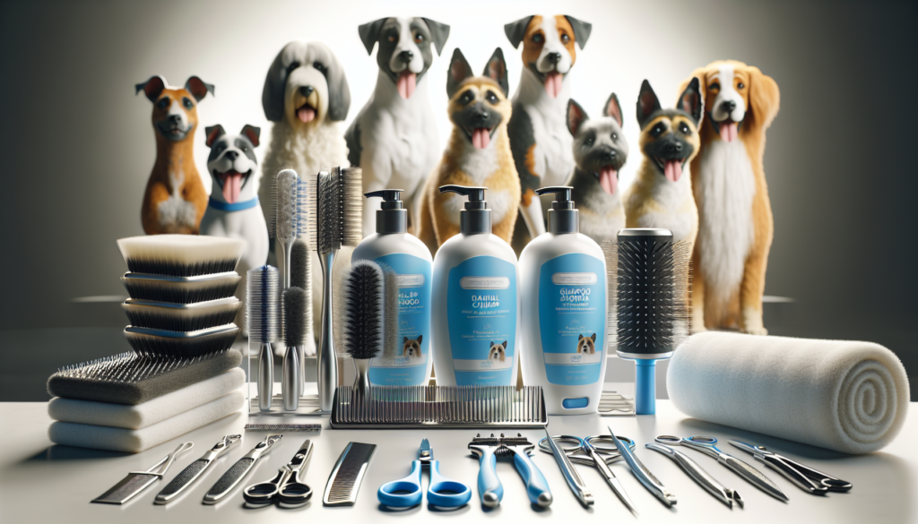 An image of dog grooming products with 9 attentive dogs in the background looking on.