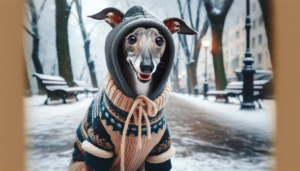 A happy Greyhound dog wearing a stylish and well-fitted jacket stands in a chilly outdoor environment. The setting is a snowy park with frosty sidewalks lined with trees.