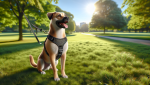 An image of a happy dog wearing a well-fitted harness while out on a walk in a park. The dog looks comfortable and energetic, with the harness snug but not tight. A leash is attached to the harness. The background features trees, grass, and a clear sky, emphasizing the outdoor setting. The image conveys the benefits of using a harness.