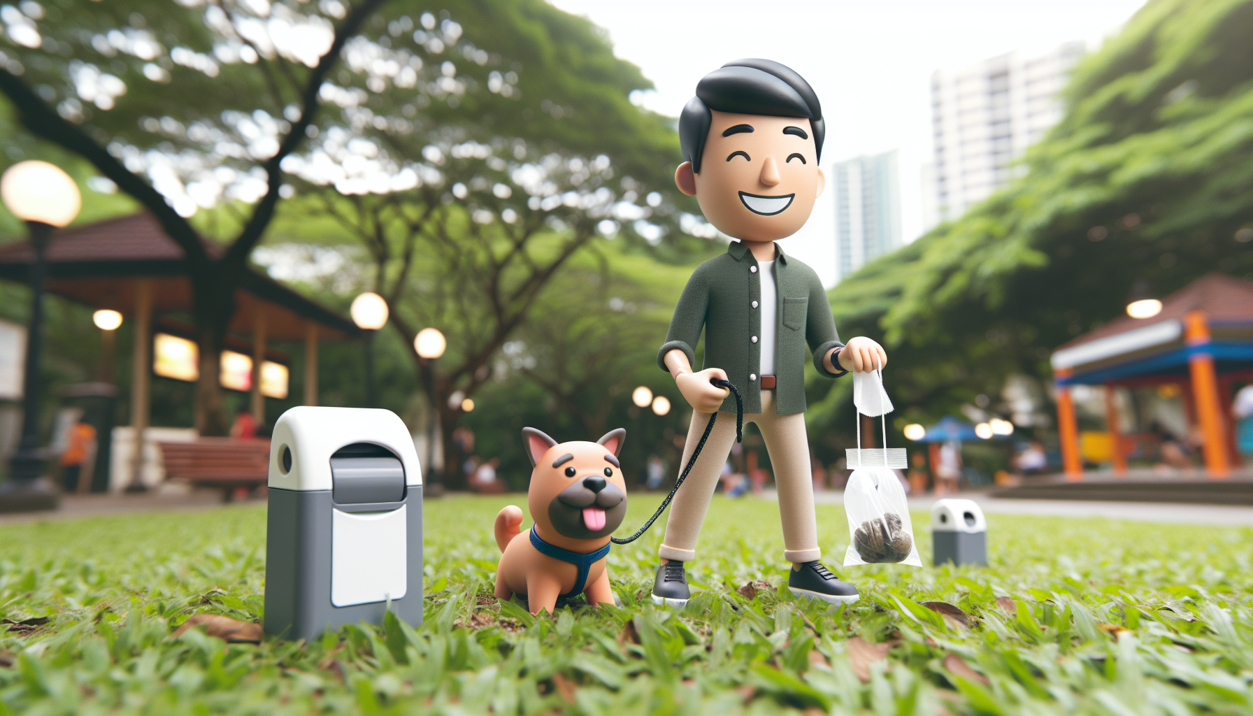 A cheerful dog owner walks their dog in a clean, well-maintained public park. The owner is holding a dog poop bag dispenser attached to the leash, with several dog poop bags visible. The background features green grass, trees, and park amenities such as benches and a playground.