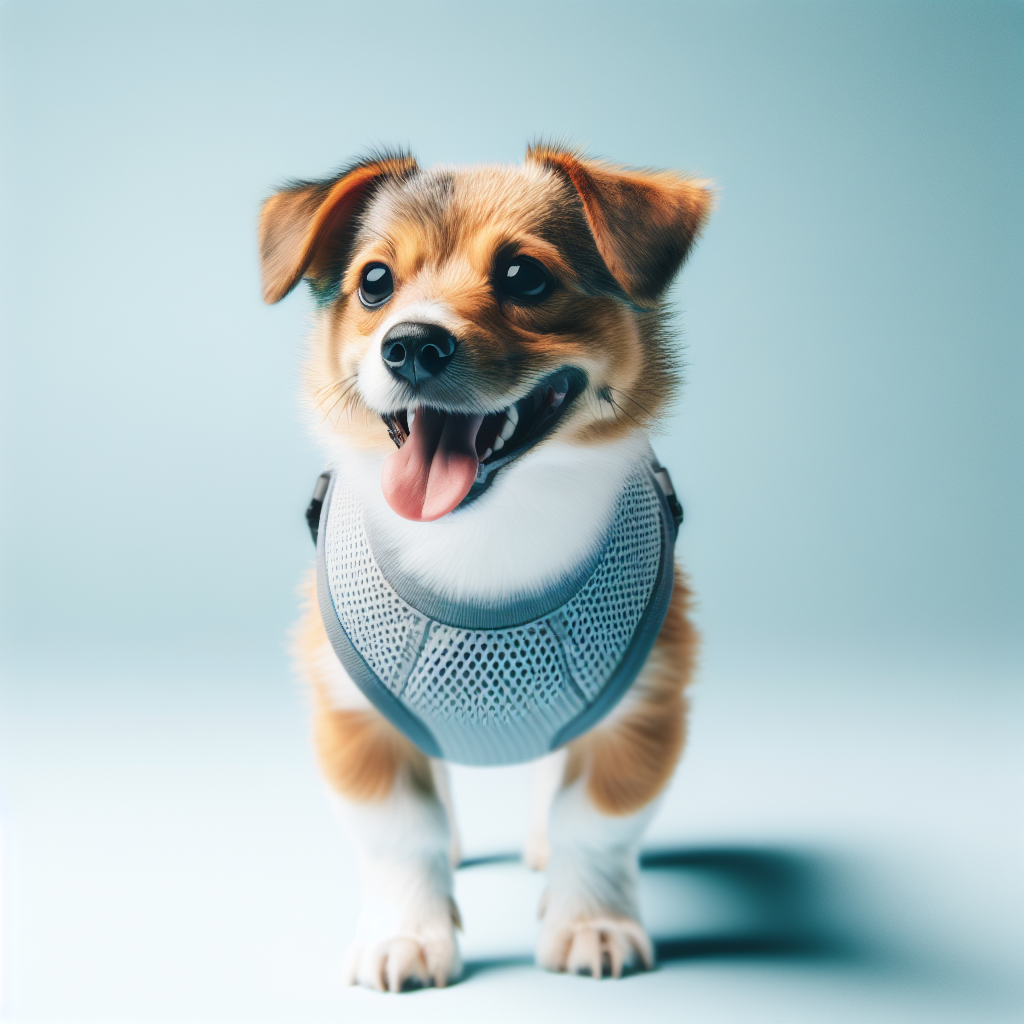 Close-up photo of a dog wearing a dog cooling vest