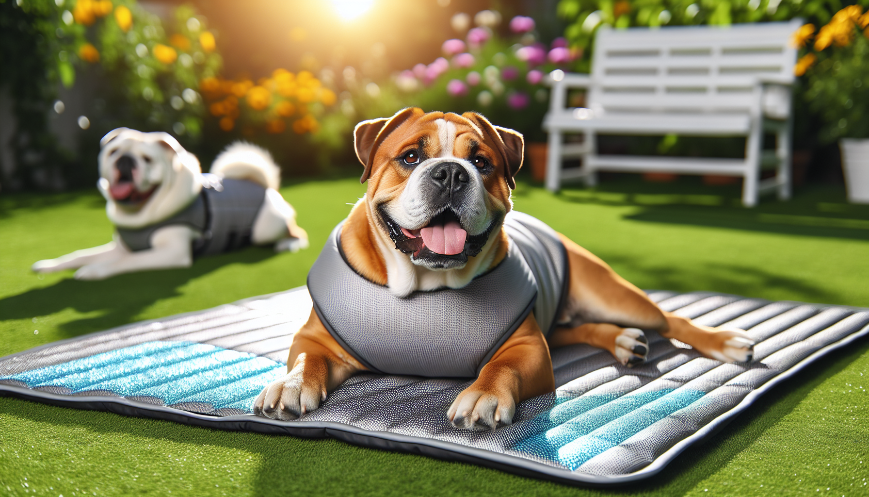 An image of a happy, relaxed Bulldog lying on a cooling mat in a sunny backyard. The dog looks comfortable and content. Nearby, a Golden Retriever wearing a cooling vest plays.