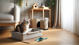 A clean and well-maintained cat litter box in a cozy corner of a modern, tidy home. The litter box is filled with cat litter. A content and healthy-looking cat is nearby.