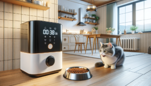 A modern automatic cat feeder in a cozy home setting. The feeder has a digital display showing the time and settings. A happy cat is eating from the feeder's bowl. The background is a tidy, well-lit kitchen.