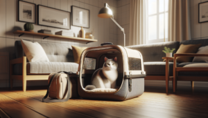 A cozy, well-designed cat carrier in a modern living room. A calm cat sits comfortably inside the partially open carrier, looking content. Nearby, a small travel bag and blanket suggest preparation for travel or a vet visit.