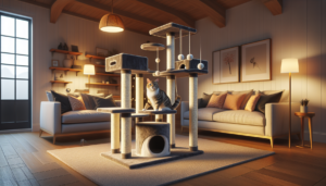 A photograph of a cozy living room featuring a modern and stylish cat tree in the center. The cat tree has multiple platforms, scratching posts, and cozy hideaways. A happy, healthy cat is actively using the scratching post.