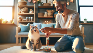 A photograph of a cat eagerly receiving a treat from a smiling owner in a cozy, sunlit living room. The owner, dressed in casual, comfortable clothing, kneels down, holding a small, colorful treat close to the cat's mouth. The cat, with bright eyes and a slightly open mouth, looks excited and attentive.