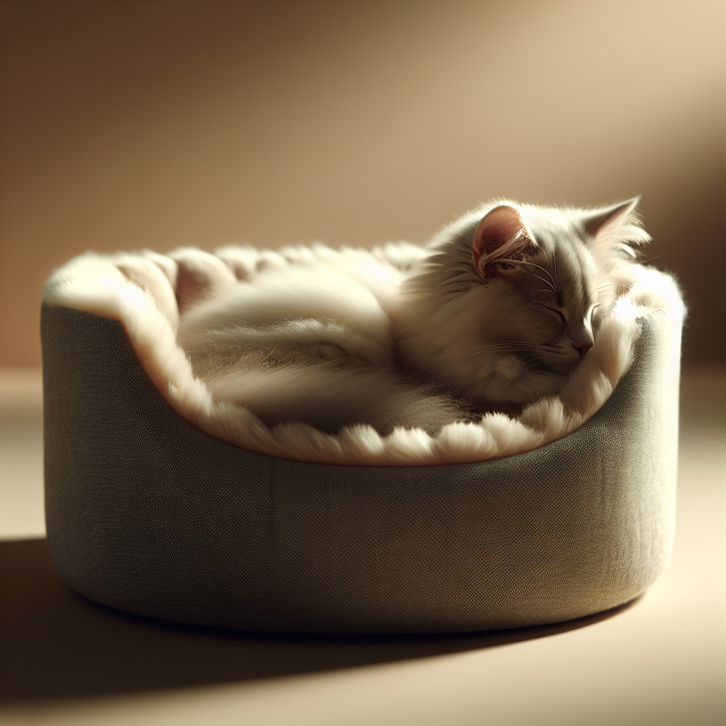 A small, white, cute cat looking cozy and content in a comfortable cat bed