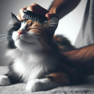 A photograph of a content cat being groomed. The cat has its eyes closed and looks tranquil as its owner brushes the cat's head.