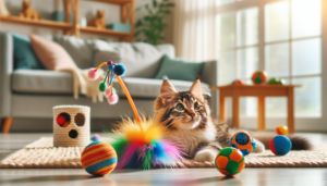 A vibrant photo of a scene featuring a variety of cat toys. A curious cat is interacting with them. The background depicts a cozy living room with natural light, comfortable furniture, and a soft carpet.