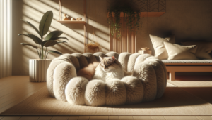 An image depicting a fluffy, contented cat curled up in a stylish, plush cat bed. The bed, with its soft and cozy textures, is placed in a warm, inviting corner of a modern living room. The cat, with its eyes closed and a serene expression, looks completely relaxed and comfortable.