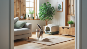 A cozy, well-lit corner of a living room featuring a modern, aesthetically pleasing cat litter box with a privacy hood. A content indoor cat is near the litter box. The space looks clean and inviting.